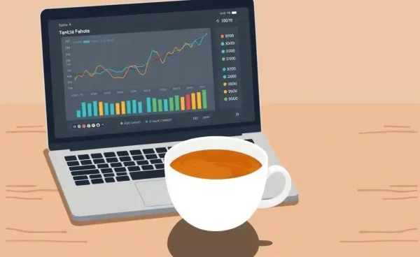A cozy cup of tea on a wooden table with a laptop displaying financial charts
