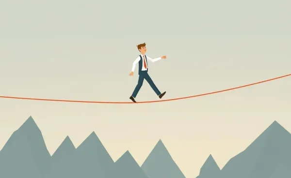 A financial analyst balancing carefully above fluctuating market graphs.