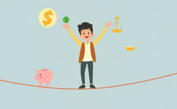 Illustration of a person balancing financial symbols on a tightrope