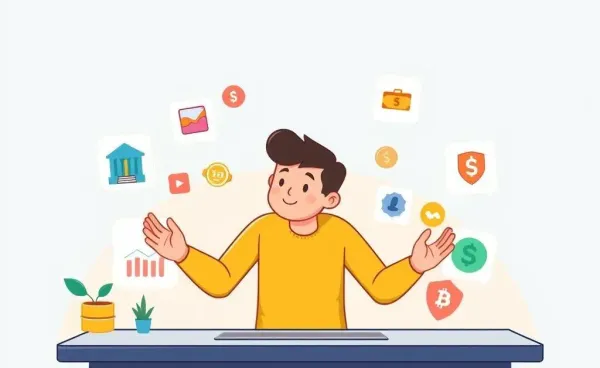 An illustration of a person exploring financial tools on a computer.