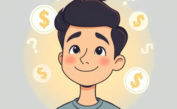 Illustration of a smiling person with financial symbols in soft light