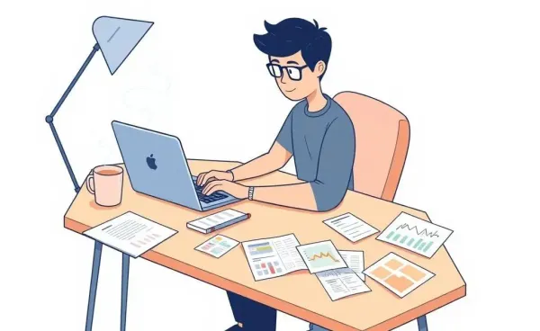 A cartoon-style image of a person managing finances at a desk.