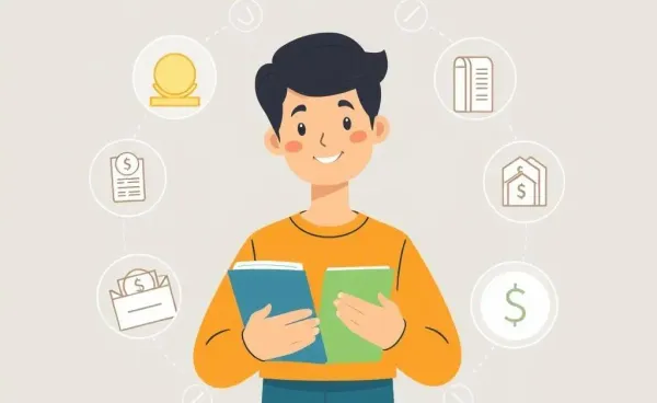 A person with a financial planner and symbols of financial success
