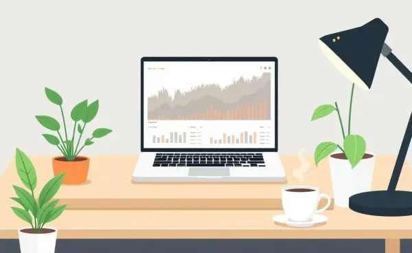 A desk with a laptop showing financial graphs, a plant, and a coffee cup