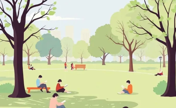 Illustration of people relaxing in a park, representing a balanced lifestyle