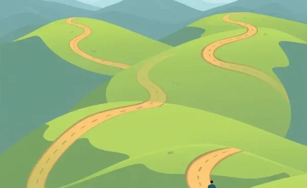 Illustrative landscape with intertwining paths and a person walking calmly