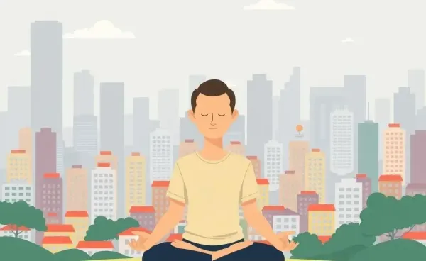 A serene person meditating with a chaotic cityscape in the background