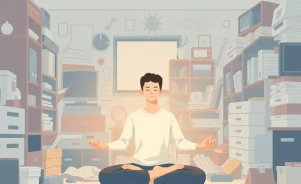 Person meditating in a cluttered room indicating calm amidst chaos