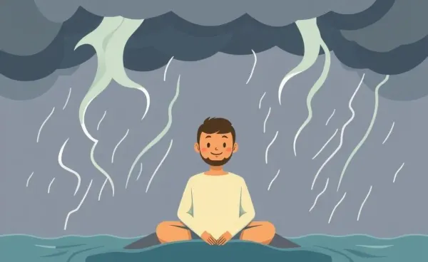 A person sitting calmly in the midst of a storm, representing peace during chaos.