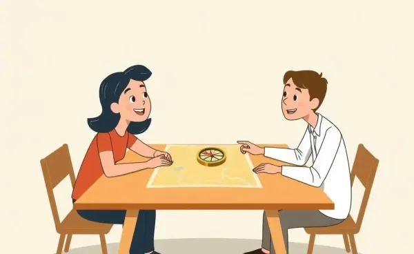 Two people at a table discussing directions with a map and compass.
