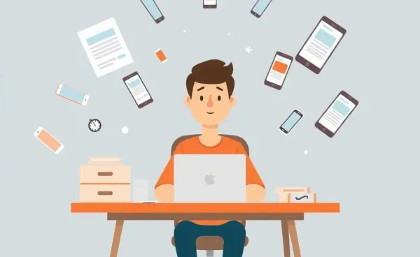 A calm individual sitting at a desk, appearing focused despite surrounding distractions.