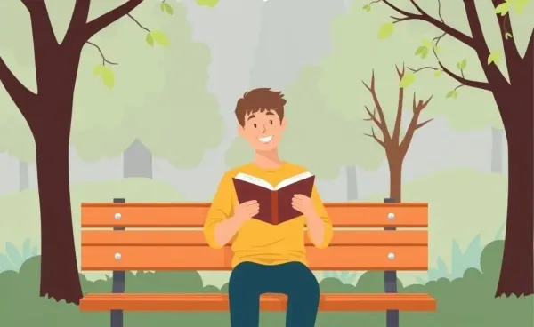 A person reading happily on a park bench, surrounded by nature