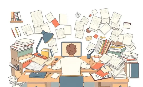 Illustration of a person finding peace amidst a cluttered desk