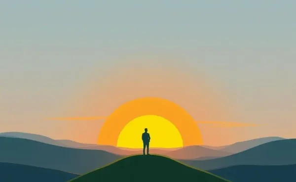 A person sitting alone on a hilltop, watching a sunset