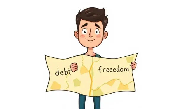 A cartoon of a person at a crossroads deciding between paths labeled 'debt' and 'freedom'.