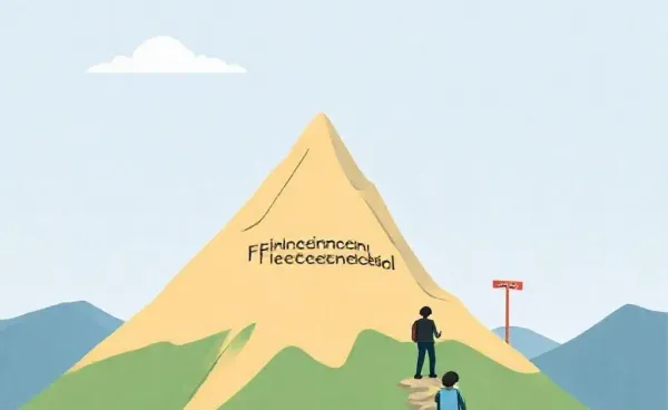 Person hiking up a mountain with shifting FINANCIAL INDEPENDENCE goalposts in the distance.