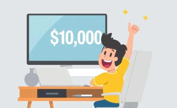 Person celebrating reaching $10,000 at their desk