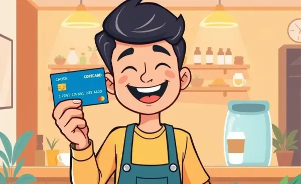 Person happily using their first credit card at a coffee shop