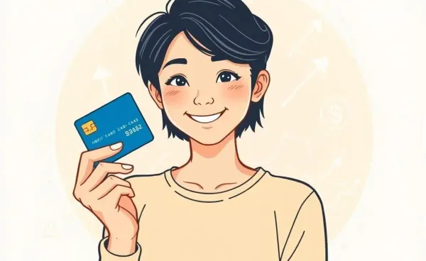 Illustration of a young person holding a credit card confidently.