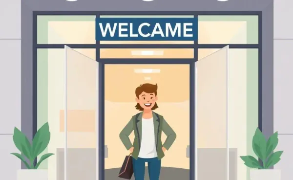 A person confidently entering a modern office building with a smile
