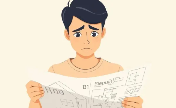 Person looking at a house blueprint with a worried expression