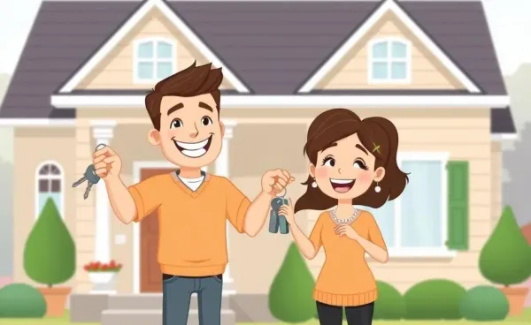 Happy couple in front of their new home with keys in hand.