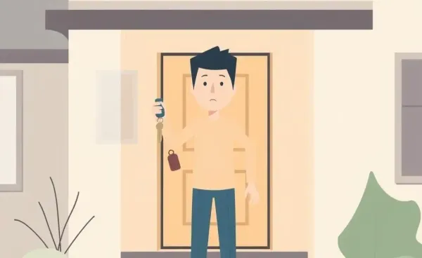 Person at a doorstep with a house key, symbolizing the journey of buying a home