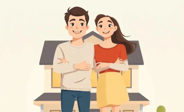 Young couple excitedly standing in front of their new home