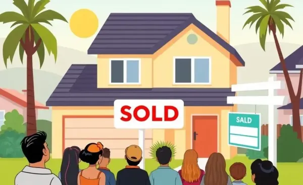Cartoon of people viewing a sold house in Southern California