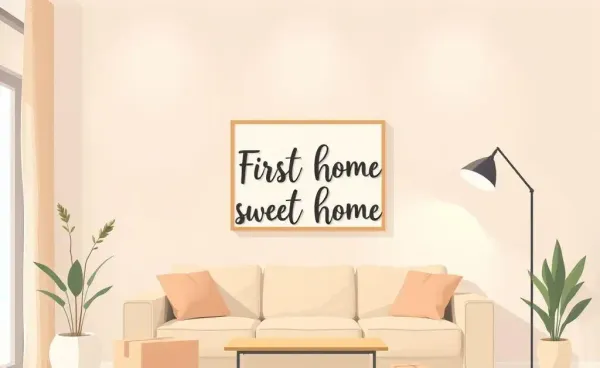 A cozy living room with a 'First Home Sweet Home' sign and unpacked boxes.