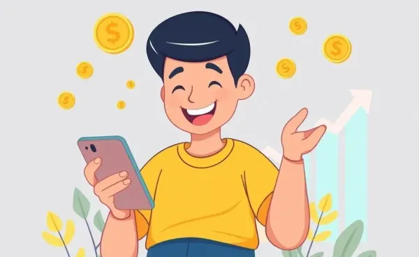 Person using an investment app on a smartphone with stock charts in the background