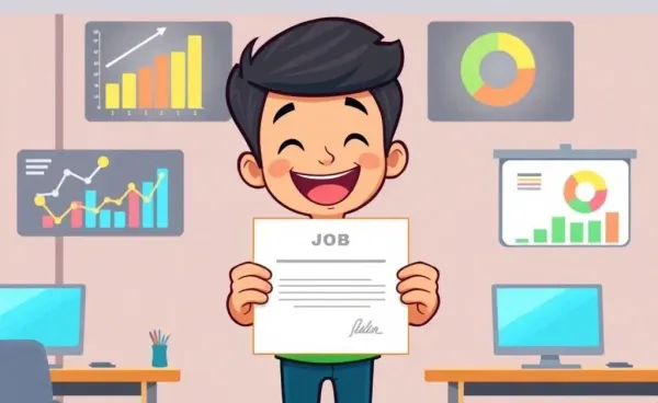 A person receiving a job offer letter with graphs and charts in the background