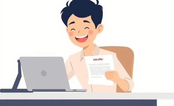 Excited person at a desk reviewing a job offer letter on a laptop