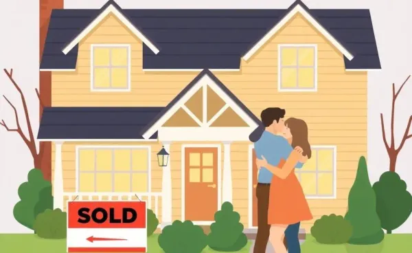 Illustration of a warm, inviting home with a 'Sold' sign in the yard and a couple embracing.