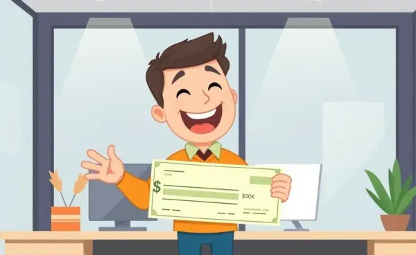 Person celebrating their first paycheck at an office desk