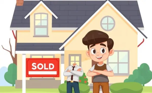 Person excitedly standing in front of a house with a 'For Sale' sign.