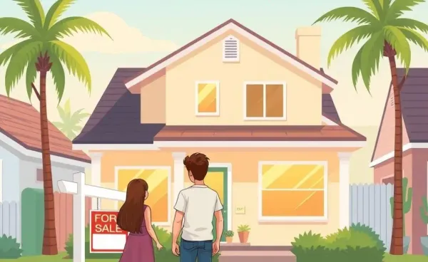 A young couple looking at a Southern California home with a 'For Sale' sign.
