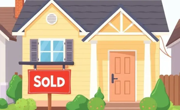 A cartoon-style image of a home with a 'sold' sign, symbolizing a successful first home purchase.