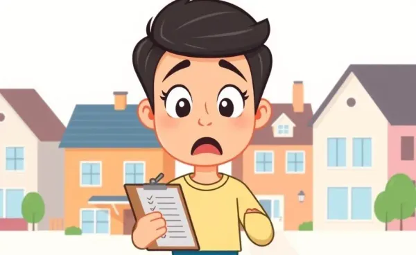 A surprised first-time homebuyer holding a checklist while house hunting.