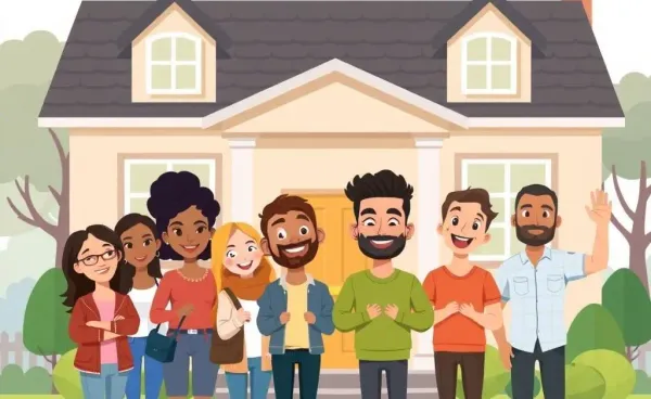 Group of first-time homebuyers in front of a new home