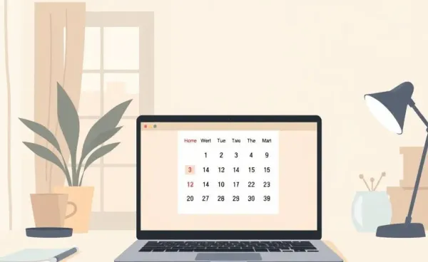 A cozy home office setting with a laptop displaying a 4-day work week calendar