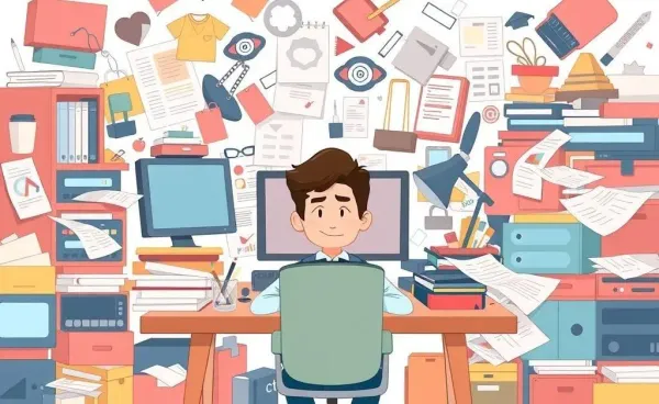Person at a cluttered desk struggling to focus