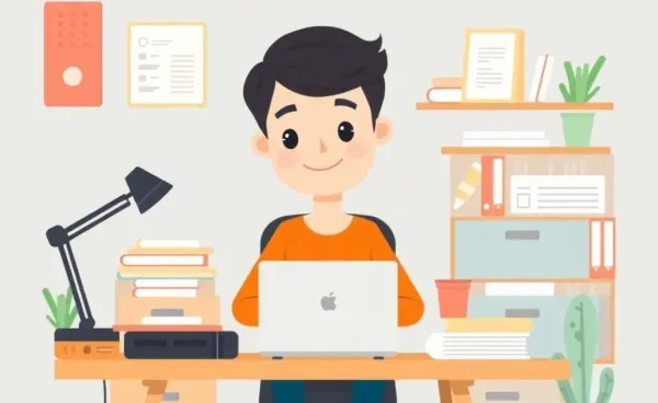 A cartoon of a person working productively with a clean desk setup
