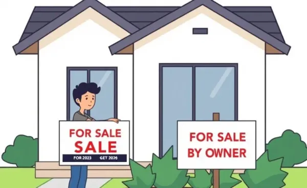 Person placing a For Sale By Owner sign in front of their house
