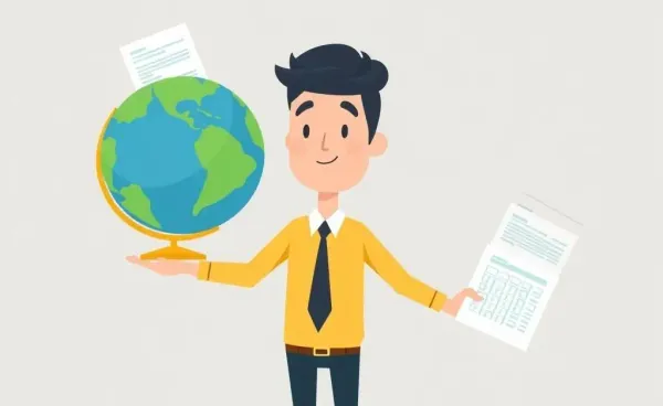 Person balancing a globe and tax documents in a cartoon style