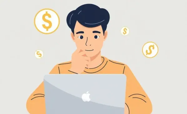 Person contemplating forex broker choices with laptop and currency symbols.
