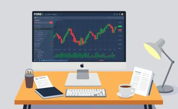 A desk setup with a computer showing a forex trading chart and notes.