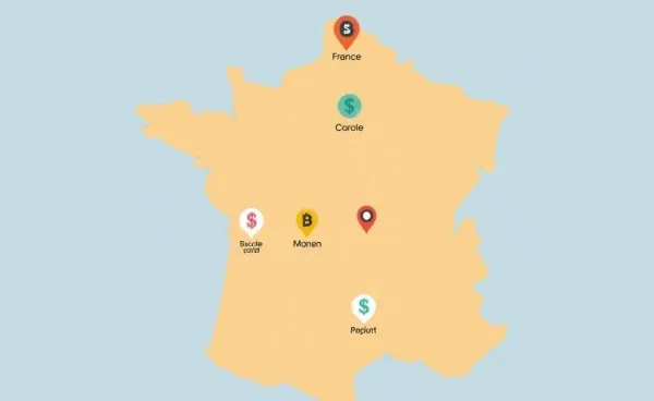 A cartoon-style map of France with financial symbols highlighting banking regions