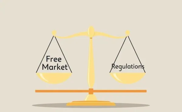 Illustration of a scale balancing free market and regulations