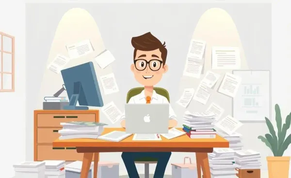 A cartoon freelancer at a desk surrounded by insurance papers